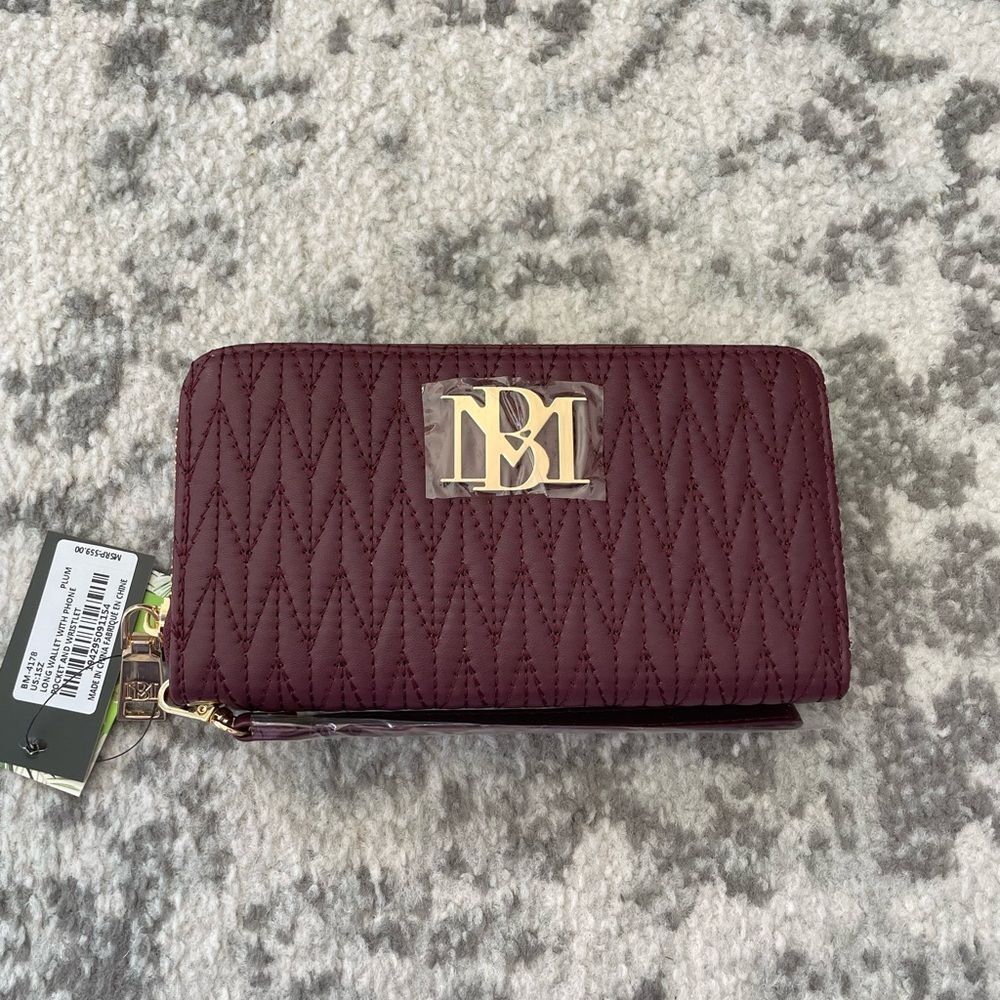 Badgley Mischka plum Quilted Vegan Leather long Wallet/ Phone Pocket Wristlet